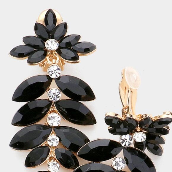 Marquise Black Colored Stone Vine Evening Gold Clip on Earrings - Picture 2 of 6